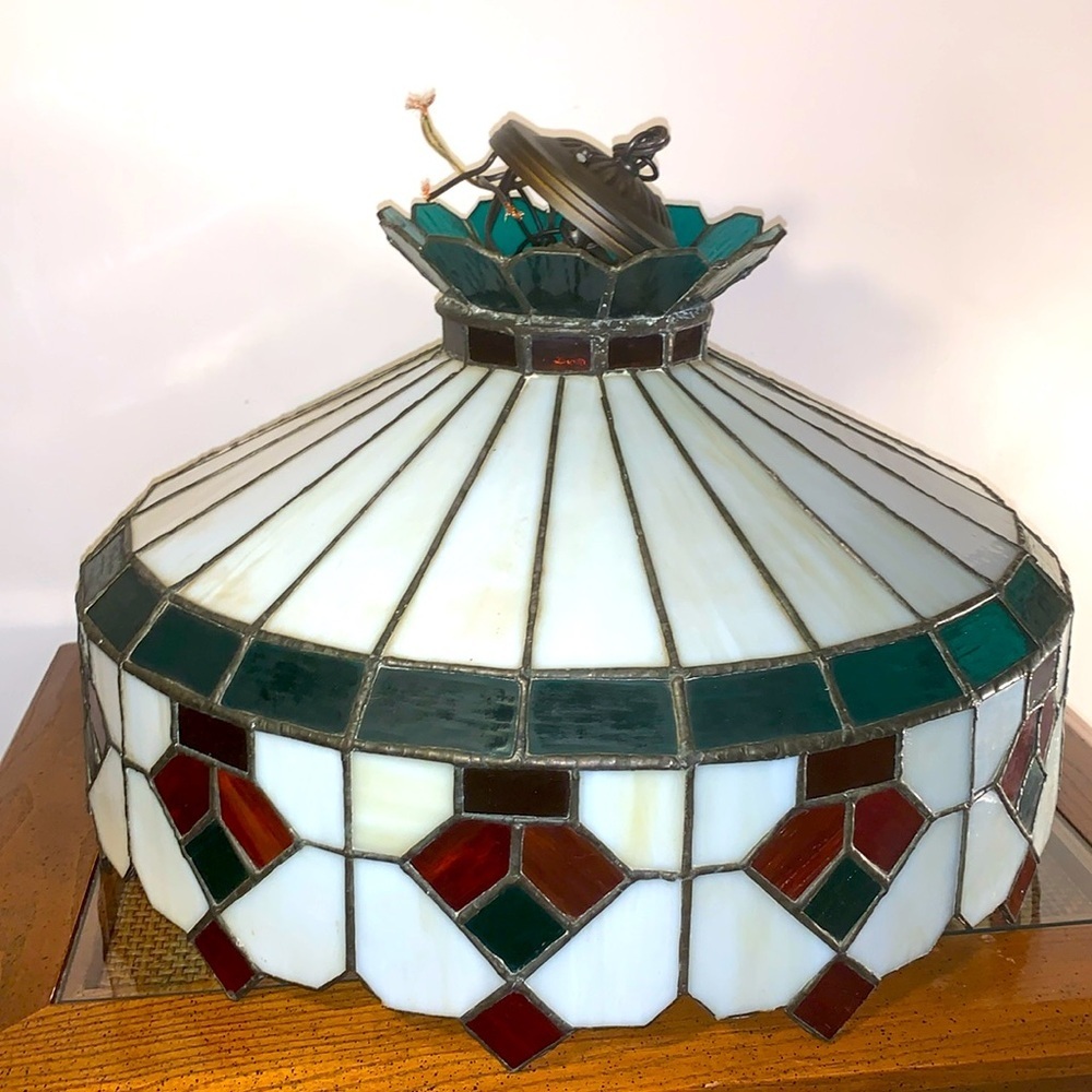 Vintage Slag Glass Large Hanging Light Tiffany Style Stained Glass Green/White